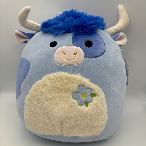 Squishmallows 12" Bermayeh Blue Bull Fuzzy White Belly Flower Stuffed Plush Toy - Picture 1 of 4